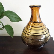 Blown Glass Vase Amber Black Spiral Threading 8" Heavy Vintage MCM Art Glass