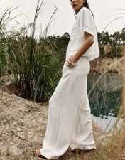 Zara Co Ord Set Rustic High Waist Wide Leg Trousers Hemstitch Shirt S Bloggers