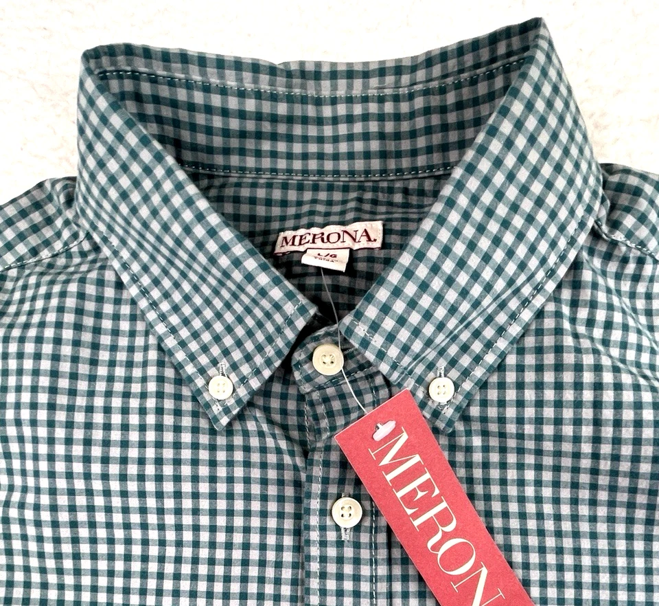 Nueva Camisa Merona Para Hombres Verde Blanca A Cuadros Manga Larga Abotonada Grande Foto 4 de 4