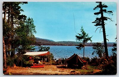 Lake Eaton Campsite Long Lake New York Wide Sandy Beach Mountains View Postcard