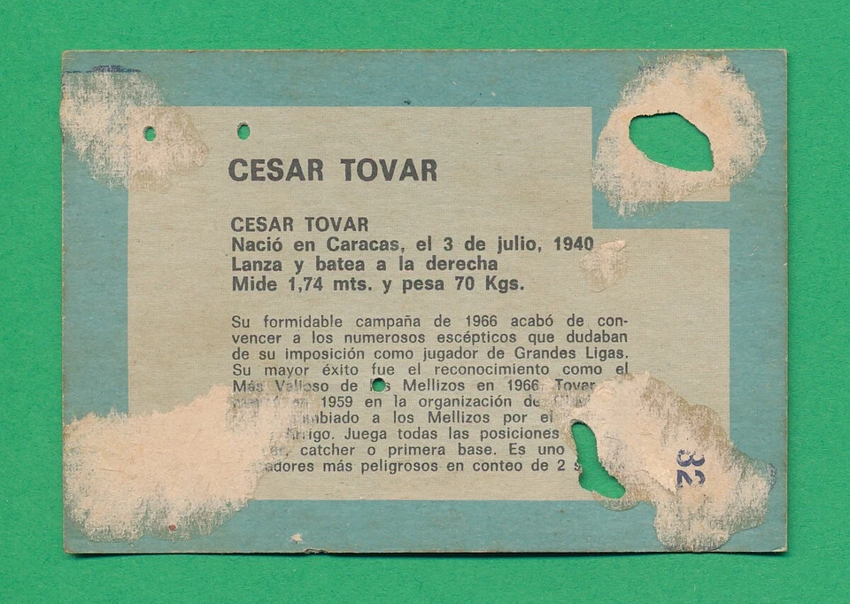 VENEZUELAN CESAR TOVAR 1967 VENEZUELA TOPPS #191 RARE/POOR FILLER MLB *TPHLC-317 - Image 2 of 2