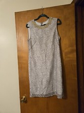 Adrianna Papell Silver Lace Gray Sparkle Beaded Sleeveless Dress Size 12
