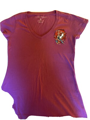 Ed Hardy Christian Audigier Women's  Purple Ghost Skull V Neck T-Shirt L