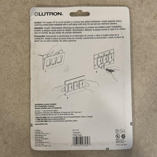 LUTRON 3 Gang Screwless Wallplate SC-3-TP Satin Finish Color Taupe - Picture 3 of 3