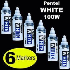 6 Each, Pentel White 100W Marker, Bold Point, Permanent Ink