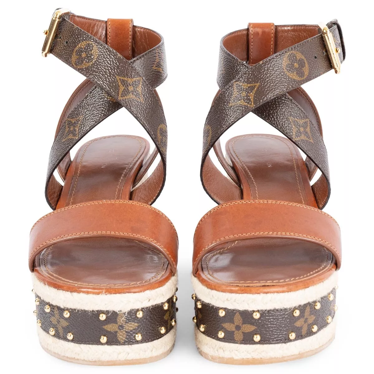 Louis Vuitton Gold/Brown Leather Wedge Sandals