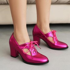 Women's Round Toe Mid Block Heel Ankle Boots Lace Up Hollow Out Chic Pumps Shoes