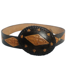 Vintage Belt Western Tooled Leather Brown Tribal Bird Oval Buckle Cowboy 30-35"