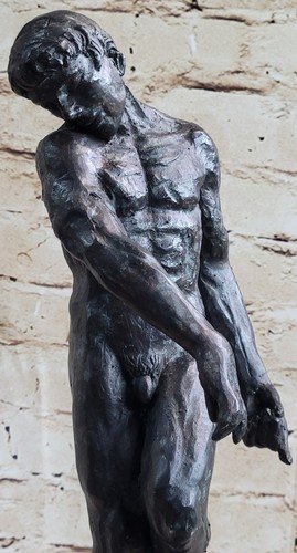 Classic Rodin Adam Bronze Elegant Nude Male Figure Marble Statue Sculpture Art - Picture 7 of 10