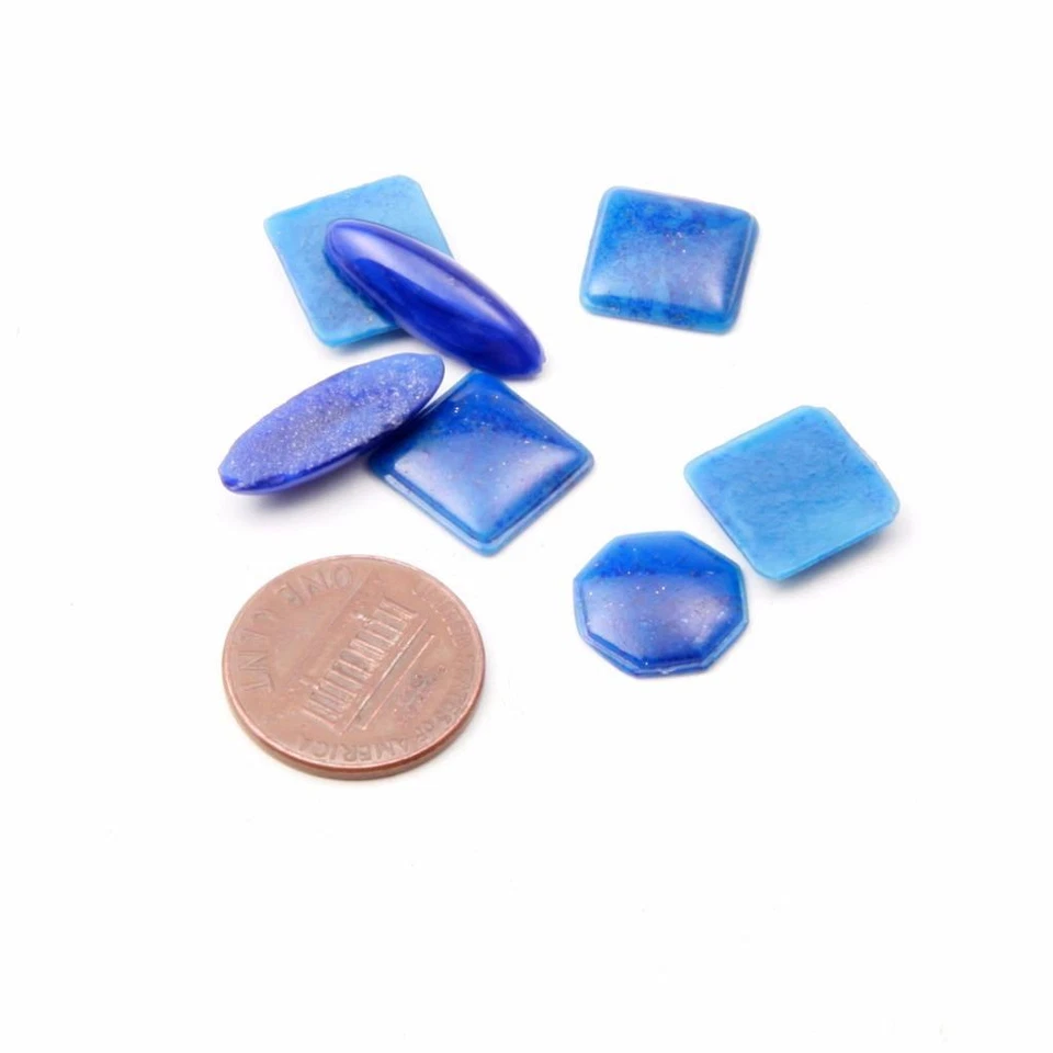 Lot (7) Czech antique vintage blue Lapis Lazuli aventurine gold glass cabochons - Image 2 of 2