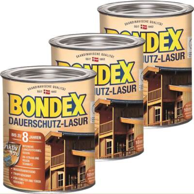 BONDEX Dauerschutz Lasur Außen Holzfarbe, 3 x 0,75, 12 Farben, Wetterschutz, 3er