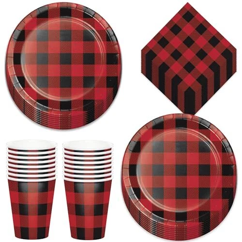 Red Black Flannel Buffalo Plaid Dessert Party Pack Paper