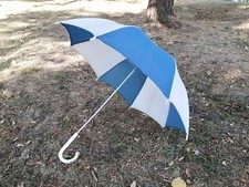 Vintage Rain Sun Umbrella Parasol Blue White Nylon Curved Handle Cane Soviet