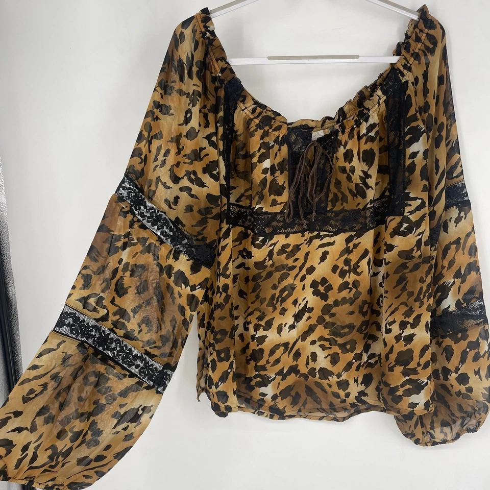 Vintage 90s Freestyle Plus Size 2X Animal Print Cheetah Leopard Blouse Sheer Y2K