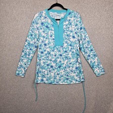 Lands End Shirt Womens Medium Blue Floral Swim Rash Guard Tunic Long Sleeve