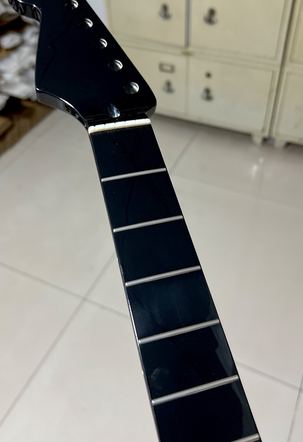 Collo Chitarra Elettrica Acciaio Inox 22fret Acero Lucido Nero Reverse Headstock
