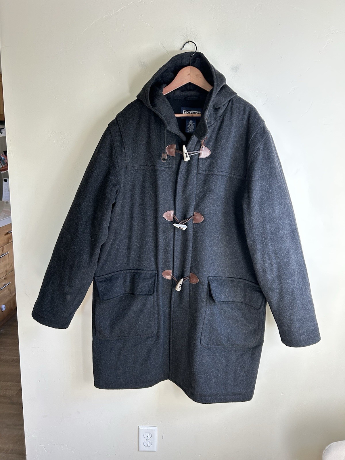 Vintage Lands' End 100% Wool Toggle Duffle Coat Men’s XLT Hooded Tiroler Lodge
