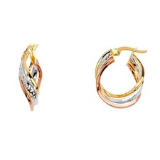 NEW 14K TRI COLOR GOLD 3 LINE TWISTED HOOP EARRINGS