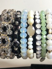 9940 Set of 7 Multi-Color Beaded Stretch Bracelets Stackable crystal faux pearl
