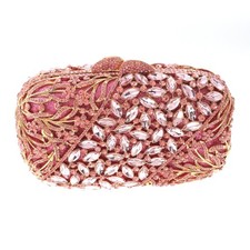 Gold Tone Alloy Metal Crystal Rhinestone Clutch Evening Bag HB6225-PNK