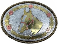 Vintage Western Horse Head Belt Buckle Silver Gold Tone Floral Cowboy Boho