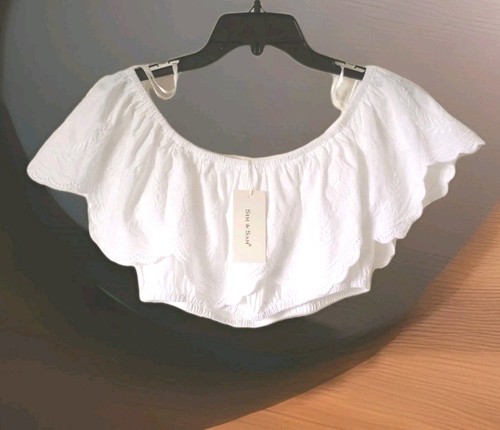 NWT Sim & Sam Off the Shoulder Crop Top Womans sz M White Embroidered Overlay - Picture 3 of 11