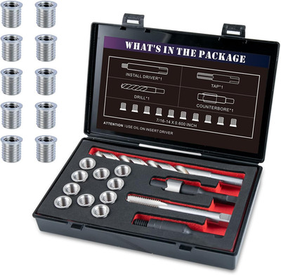 7/16-14 SAE Thread Repair Kit with Insert HSS Drill, Tap, Counterbore, Installat