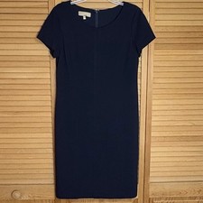 Talbots Woman Size 8 Short Sleeve Lined Navy Blue Shift Dress Knee Round Neck