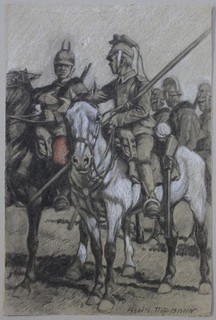 Berittene Soldaten WKI Albin Tippmann signierte Kohle Zeichnung Militär 1920