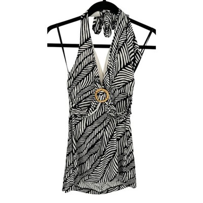 Banana Republic Womens Y2K Halter Top M Black White Wood Ring Vintage Beach