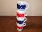 Vintage FIRE KING ANCHOR HOCKING 2 Red 2 Blue Polka Dot And Lace Mugs--Set Of 4