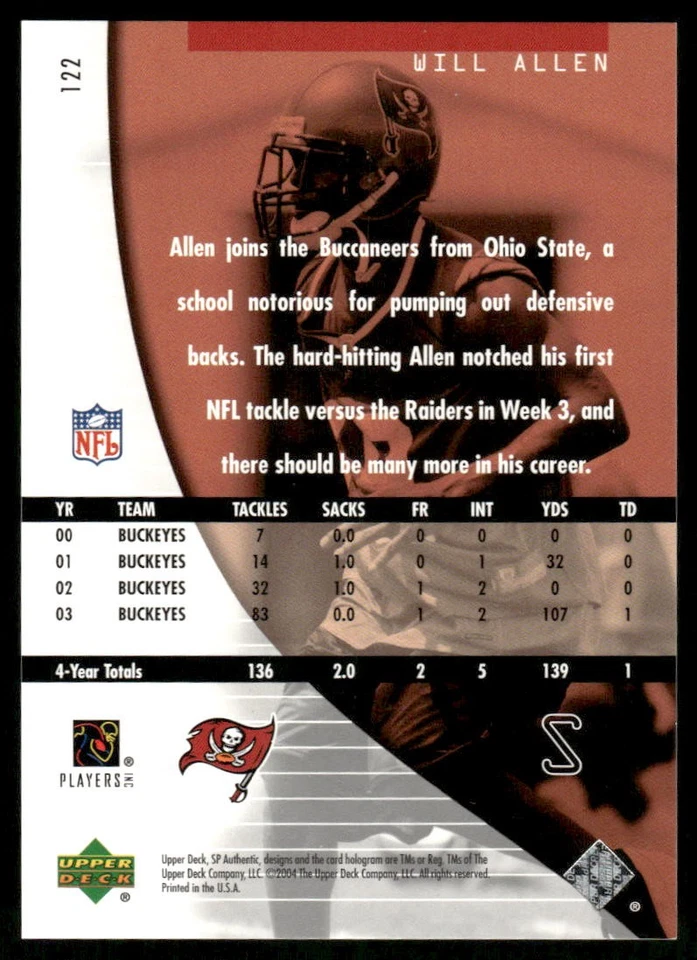2004 SP Authentic #122 Will Allen RC /1199 - FB - Image 2 of 2