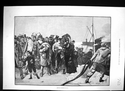 Antiker alter Druck 1883 Schiff Passagiere nach rauer Passage Kranke Menschen Dock