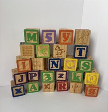 Lot Of 25 Wood Wooden Toy Blocks Letter Number Animal Picture Alphabet ABC