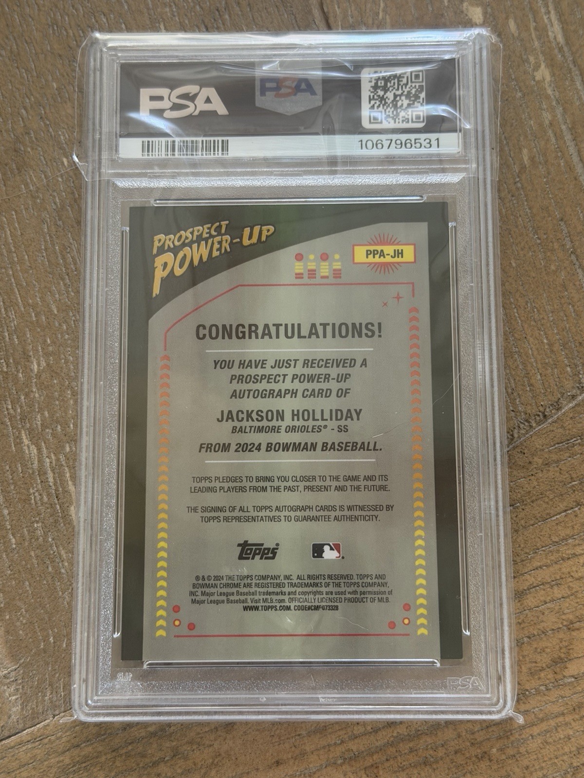 2024 Bowman Chrome Jackson Holliday Prospect PowerUp Autograph VRSuper 1/1 PSA 9 view 2