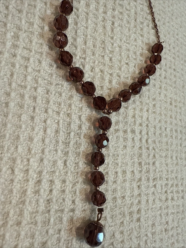 Collar Marca 1928 11” Tono Oro Rosa Ámbar Vidrio Cuentas “Y” Gota Tono Púrpura Foto 3 de 4