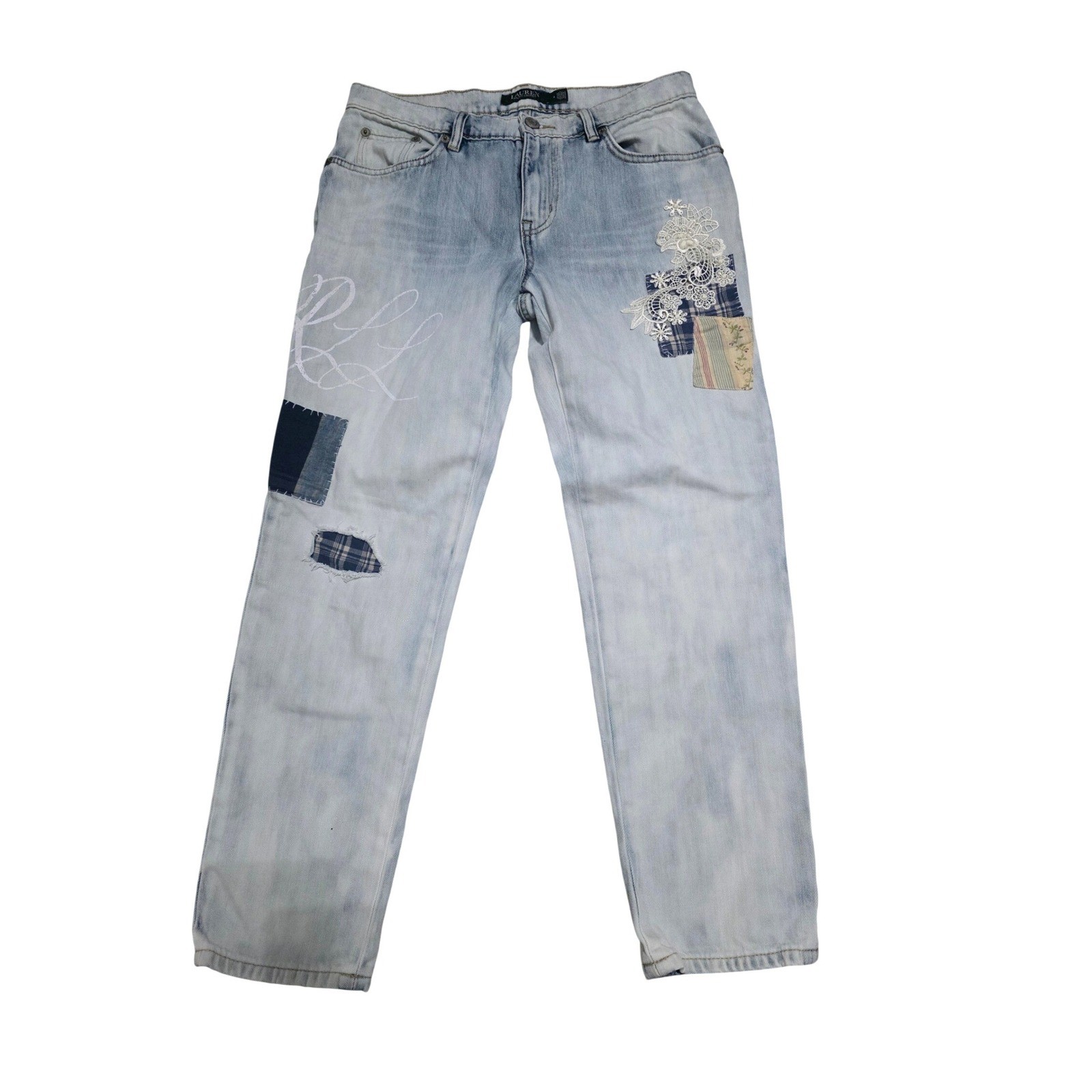 Ralph Lauren RLL Patchwork Relaxed Tapered Ankle Jean in Blue Wash Sz 4 A3