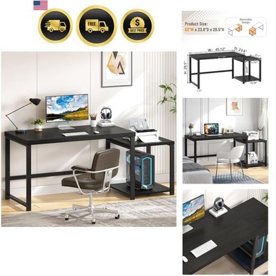 Large Home Office Desk, Black Computer Desk with Storage Shelves, Modern Wood...