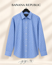 Banana Republic Mens XL Blue White Plaid Non Iron Relaxed Fit Shirt
