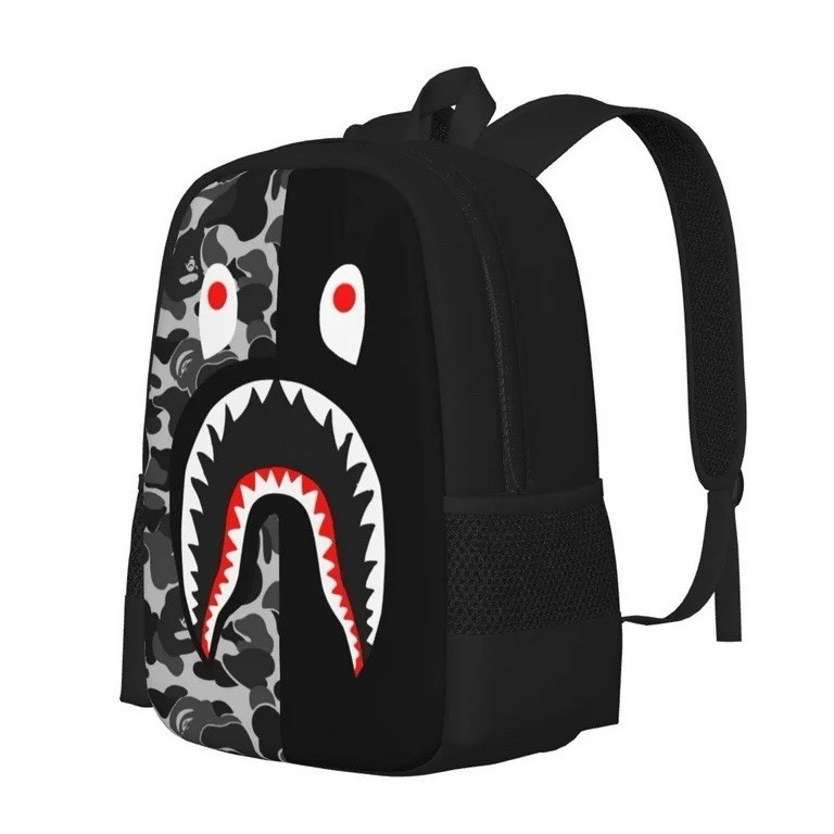 Grey Black Shark Face Backpack Set 3PC Kids School Bag Lunch Box Pencil Case Cam