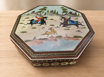 Vintage Persian Khatam Kari Octagonal Box Hand Painted Hunt Scene 7 