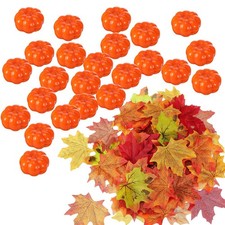 24 Pieces Mini Pumpkins for Crafts with 100 Faux Maple Leaves Small Pumpkin D...