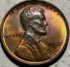 1937 S Lincoln Wheat Cent BU RD with color - #2011