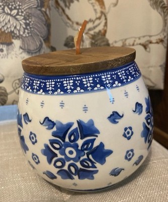 Canister Blue White Opal House Wood Lid Ceramic Stoneware Jar 4.75 