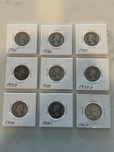 Lot of 9 circulated 90% silver Washing Quarters, 1935 - 1964, minted in P/D/S.