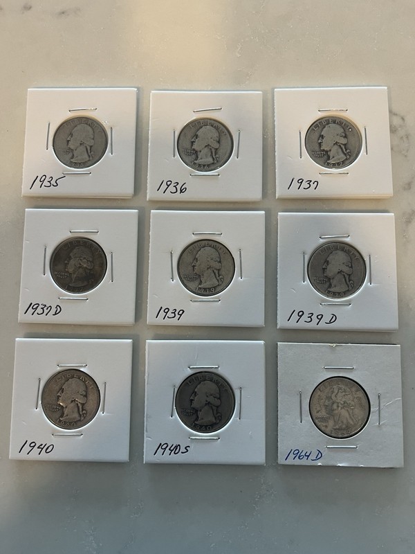 Lot of 9 circulated 90% silver Washing Quarters, 1935 - 1964, minted in P/D/S.