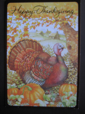 UNUSED vintage greeting card Heartline THANKSGIVING Turkey w/ Pumpkins, Tree