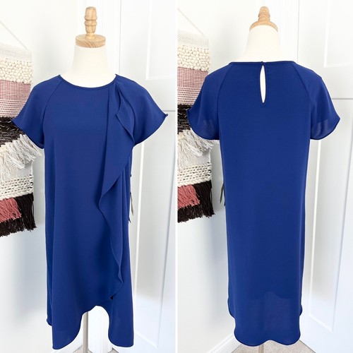 Abito Adrianna Papell manica svolazzante crepe garzato drappeggiato linea A blu taglia 8 nuovo con etichette