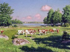 Landscape meadow cow by J. Krouthen Tile Mural Kitchen Backsplash Marble Ceramic