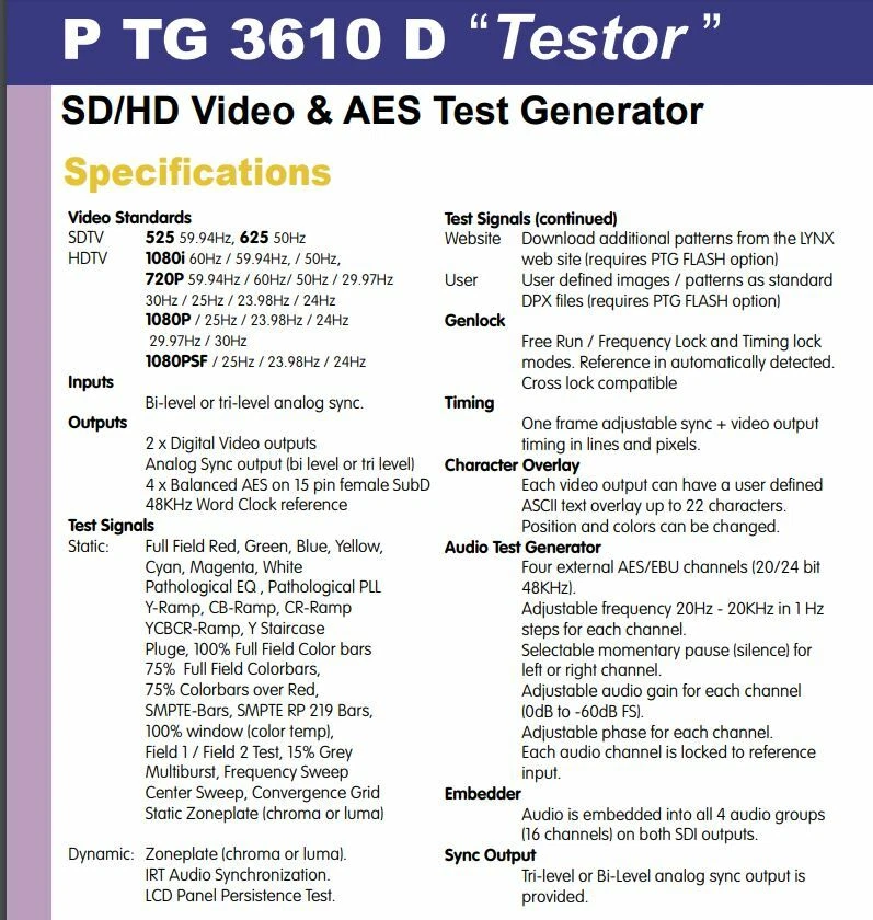Lynx P TG 3610 PTG3610D Testor SD HD-SDI Video AES Audio Test Pattern Generator - Image 3 of 4